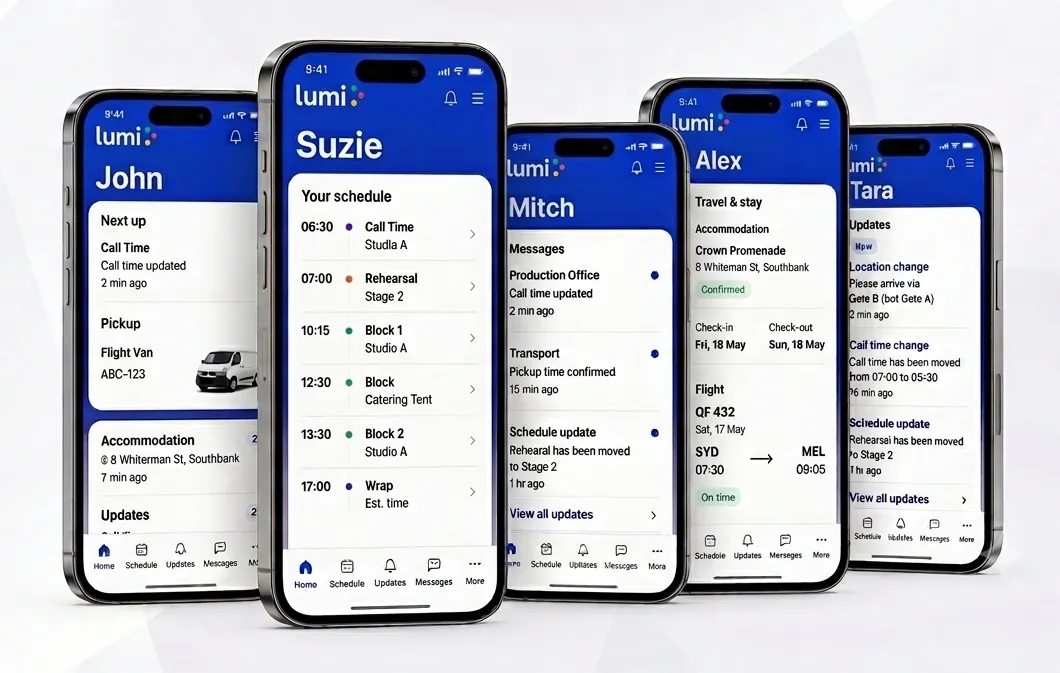 Six personalised Lumi App mobile views for crew schedules, logistics, updates and messages