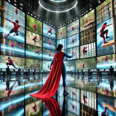 DALL·E 2025-02-13 15.11.09 - A woman dressed as a superhero, wearing a red cape and a blue top, stands on a glossy, reflective floor in a high-tech television broadcasting room. S