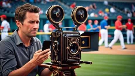 a bored cameraman using an extremely antiquated Sanderson Universal Swing Front Camera with a lens panel supported in four slotted arms, two on each side and locked by small knurled nuts whilst also using their sma